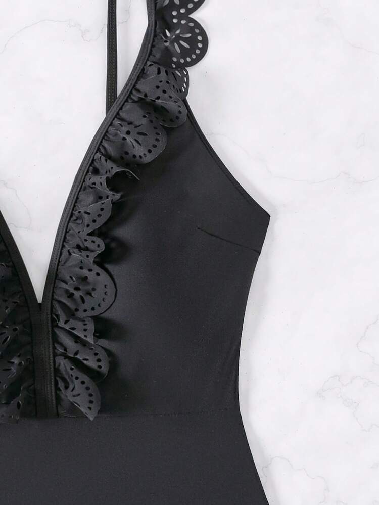 Burnt-Out Flower Decorated One-Piece Swimsuit With Ruffle Hem Summer