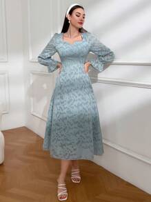 Modelyn Ladies' Floral Jacquard Bell Sleeve Dress - Blue - View 3