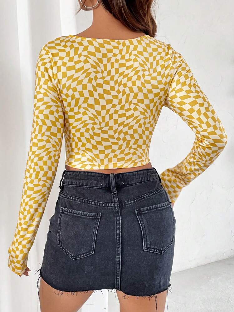 Women's Plaid Pattern Long Sleeve Cropped T-Shirt Fall Cloth For Women