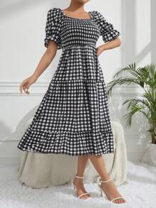 Breezaya Women's Plaid Short Puff Sleeve Dress - Black and White - View 4