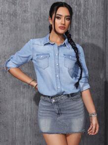 Của phụ nữ Flip Túi Tay áo dài Áo denim Áo - Rửa nhẹ - Xem 7