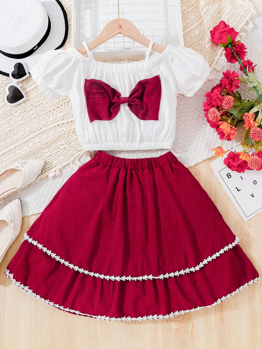 Tween Girls' Bow Knot Top And Lace Hem Skirt 2 Piece Set - Burgundy - View 1
