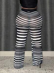 Slaydiva Plus Size Women's See-Through Striped Pants - Black - View 3