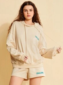 Forever 21 Set Di Felpa Con Cappuccio E Pantaloncini, Stampa Lettera Da Donna Con Cordino
