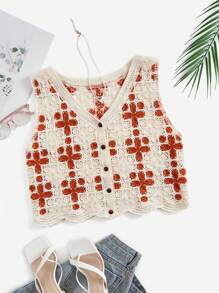 SHEIN LUNE Women's Crochet Knitted Sweater Vest - Orange - View 1