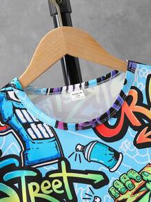 SHEIN Tween Boys' Cartoon & Letter Printed Short Sleeve T-Shirt
