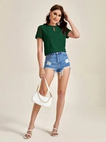 SHEIN Clasi Áo sơ mi chấm bi tay ngắn cho nữ, áo tay ngắn - Màu xanh lá cây đậm - Xem 3