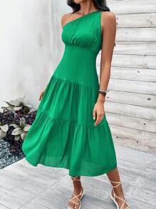 Breezaya Một  vai Không tay Xù Hoa Sen Đầm - màu xanh lá - Xem 6