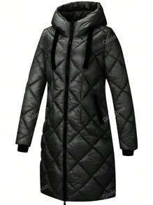 Giolshon Ladies' Fall And Winter Warm, Simple Mid-Length Commuting Quilted Puffer Jacket With Double-Headed Zipper, Hooded
