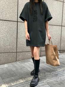 Ambience Letter Print Long T-Shirt, Suitable For Everyday Wear