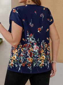 EMERY ROSE Plus Size Petal Sleeve Round Neck Floral Print Blue Summer Shirt