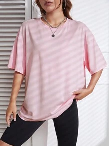 SHEIN EZwear Round Neck Drop Shoulder Sleeve T-Shirt - Pink - View 4