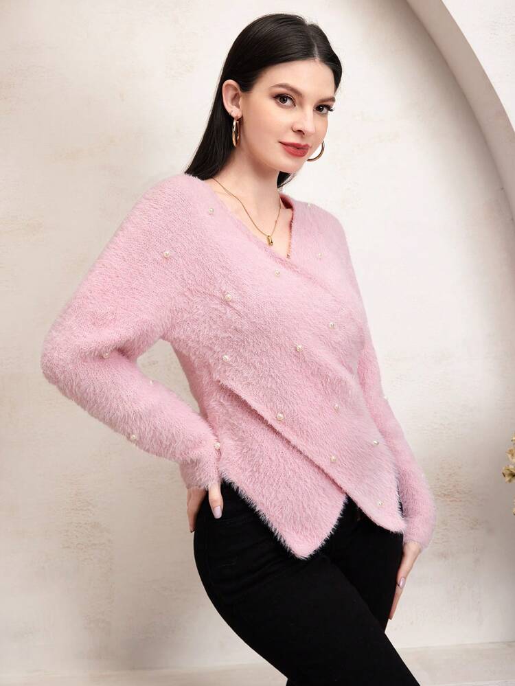 Women's Faux Pearl Bead Decor Crisscross Wrap Sweater/Cardigan Knit Pullover Fall Winter Sweater