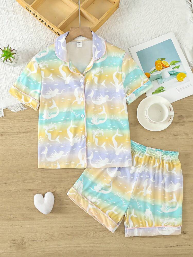 Tween Girls' Gradient Mermaid Print Shorts And Short Sleeved Top Pajama Set