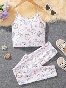 SHEIN Tween女孩編織可愛紋路背心上衣與編織褲舒適貼合家居套裝 - 淺粉色 - 查看 1