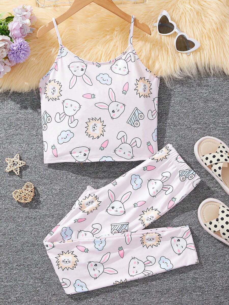 SHEIN Tween女孩編織可愛紋路背心上衣與編織褲舒適貼合家居套裝 - 淺粉色 - 查看 1