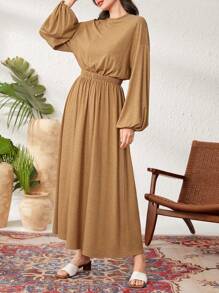 Seusyu Vestido De Cintura Estilo Árabe De Manga Farol Para Mujer - Marrón - Ver 6