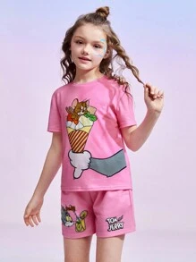 TOM & JERRY X SHEIN 少女可愛卡通印花套裝 - 粉色 - 查看 9