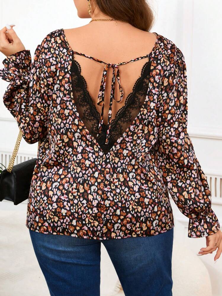 Plus Size Women's Lace Patchwork Printed Shirt
