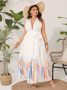 SHEIN VCAY Plus Size Women's Vacation V-Neck Tie Back Waist Open Back Plant Print Dress - Multicolor - View 1