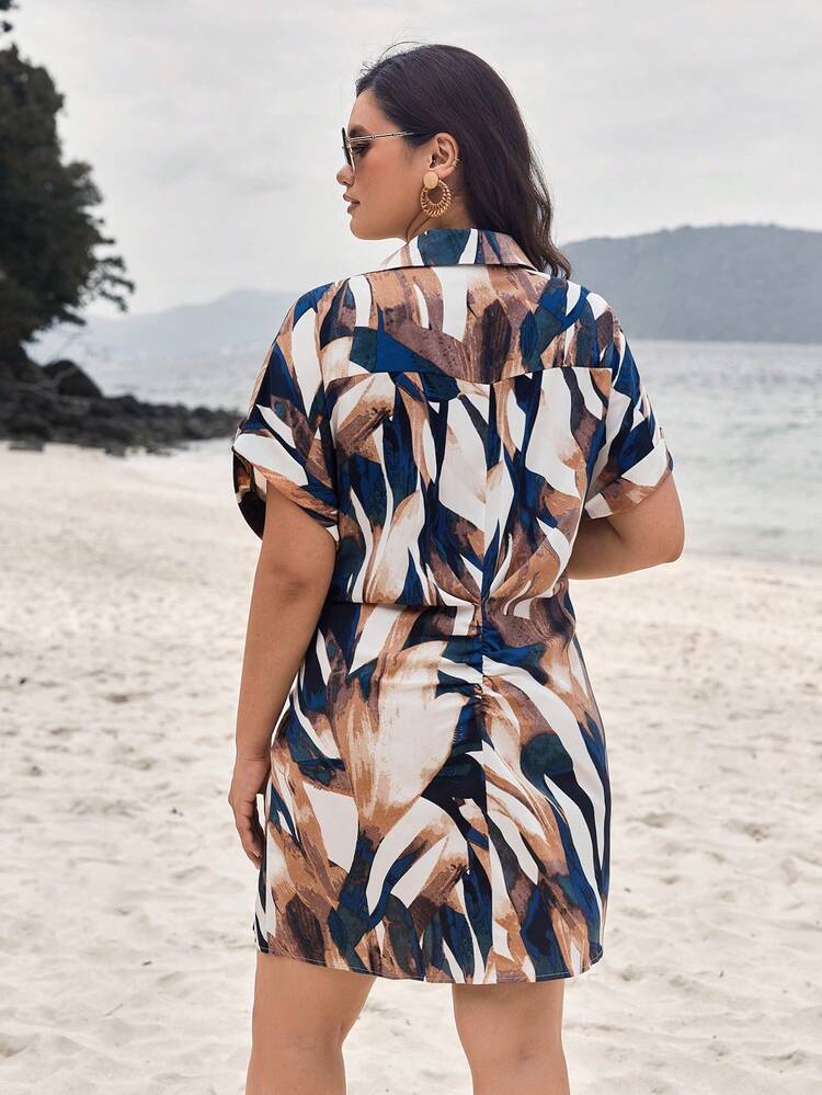 Plus Size Women's Vacation Style Shirt Dress With Belt, All Over Printed Pleated Dress