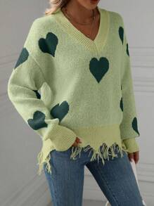 SHEIN LUNE Women's Heart Pattern Distressed Trim Drop Shoulder Sweater, Knit Pullover Fall Winter - Mint Green - View 4