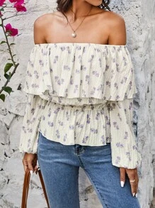 SHEIN LUNE Ditsy Floral Ruffled Cold Shoulder Blouse - Apricot - View 3