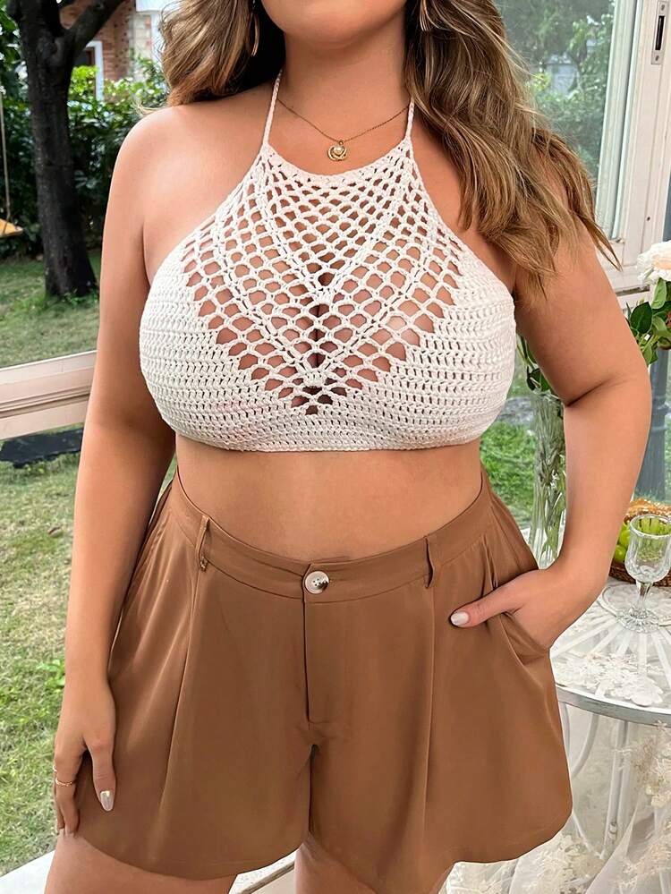 Plus Size Women's Hollow Out Halter Knit Top