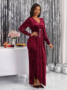 SHEIN Lady Women's Puff Sleeve Front Split Dress - Burgundy - View 6