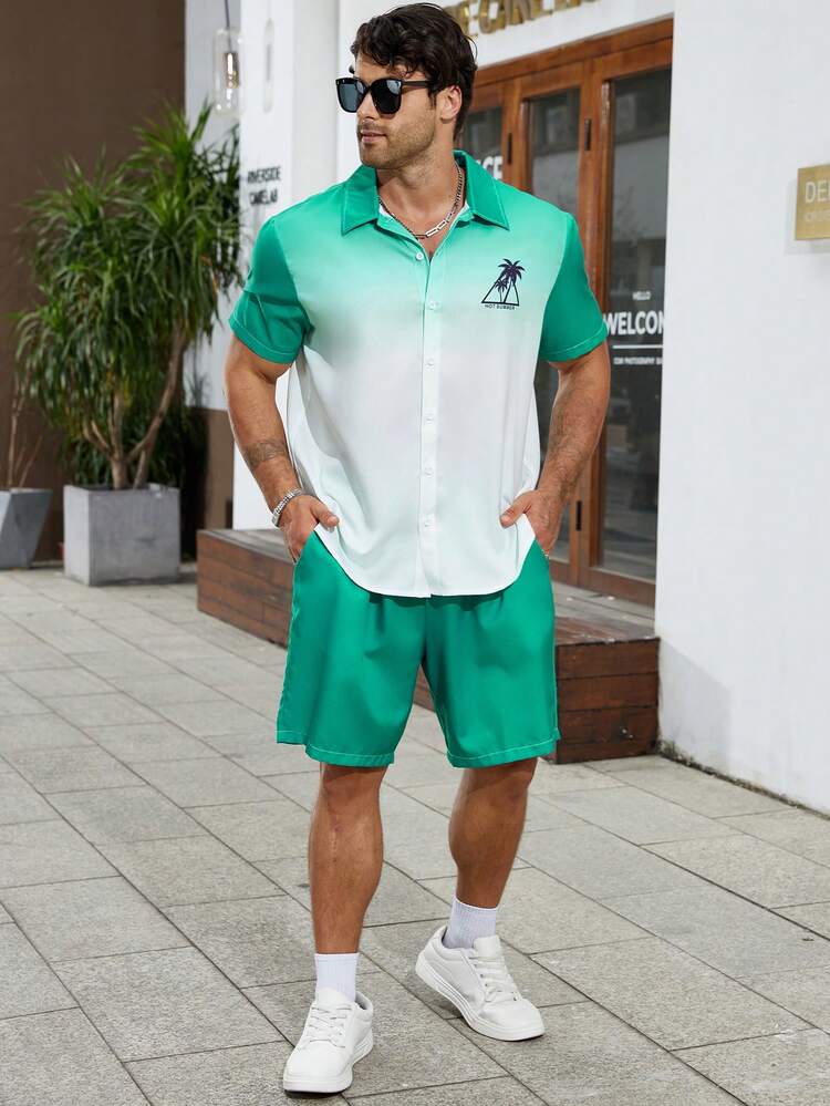 Men's Plus Size Coconut Tree Print Gradient Short Sleeve Shirt And Shorts Set