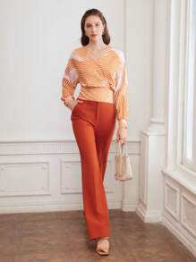 MOTF PREMIUM WOVEN WOMEN'S STRIPED PRINT SURPLICE NECK BLOUSE