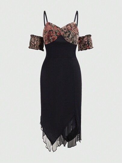 Fairycore Retro Floral Patchwork Spaghetti Strap Open Shoulder Fitted Asymmetric Ruffle Hem Dress For Women