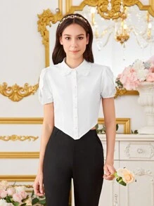 Teen Girl's Puff Short Sleeve Asymmetrical Hem Shirt - White - View 1