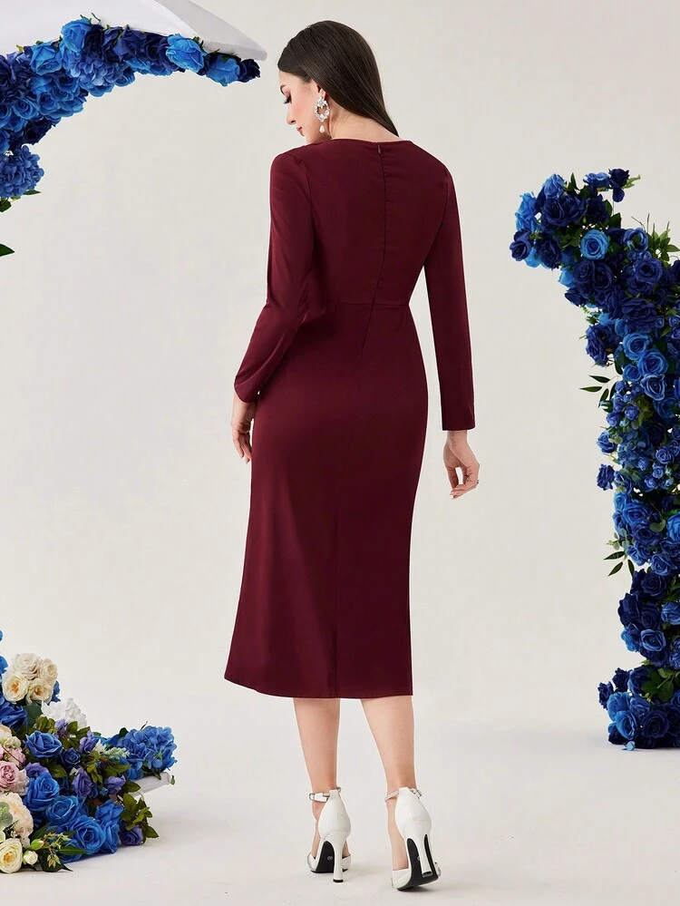 Women's V-Neck Wrap Neckline Long Sleeve Split Hem Dress