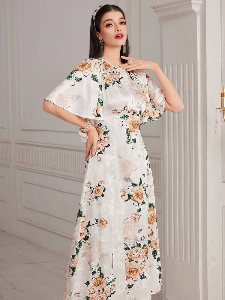 Women's Floral Printed Butterfly Sleeve Dress Long Evening Dresses