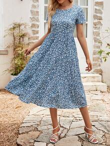 Short Sleeve Round Neck Floral Print Dress With Small Flowers For Spring/Summer - Blue - View 5