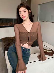 DAZY Của phụ nữ Lưới trong suốt Tay áo dài Quần skinny Áo - màu nâu - Xem 3