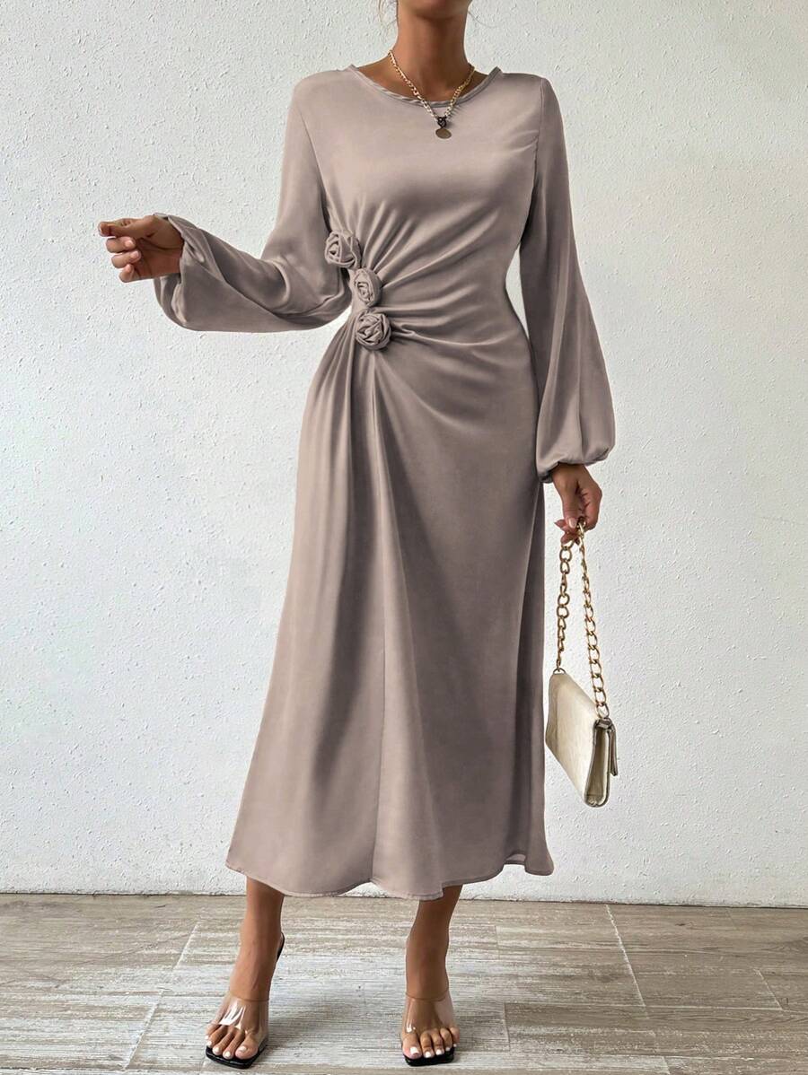 Chiquease Women's Lantern Sleeve Dress With 3d Floral Decoration - Camel - View 1