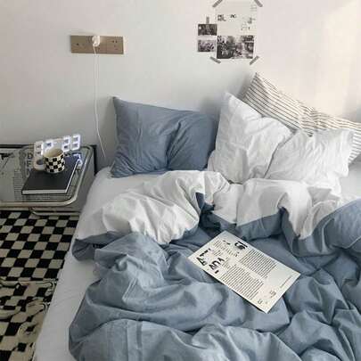 3件套蓝色水洗双面羽绒被套装，适合男生女生宿舍床上用品