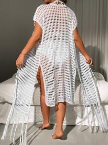 SHEIN LUNE Plus Size Women's Off Shoulder Fringe Hem Tie Waist Cardigan With Patchwork Detail - White - View 2