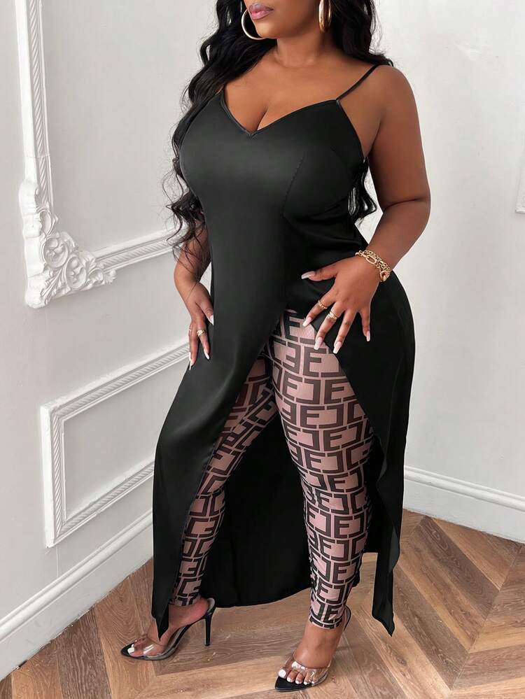 Valentine's Day Party Elegant & Sexy Slim Satin Camisole Top And Mesh Letter Fabric Pants For Women Plus Size Sexy Two-Piece Outfit