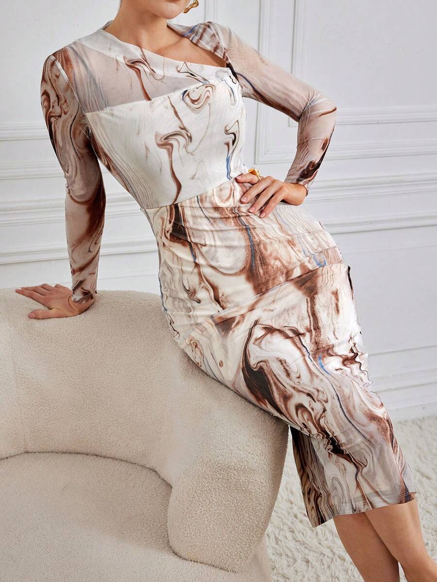 Modelyn 女式不對稱領口長袖連衣裙 - 彩色 - 查看 1