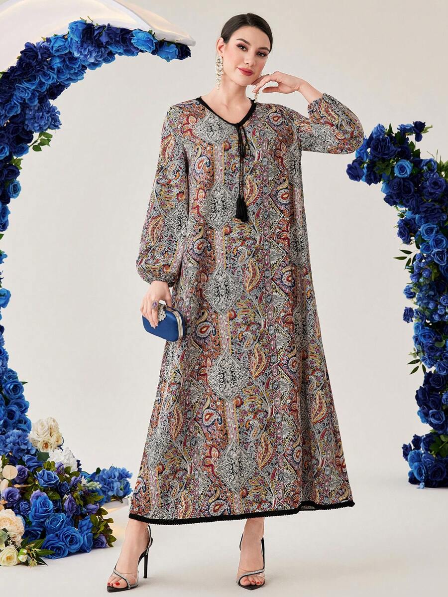 Al Najma Của phụ nữ Cổ chữ V Sọc Trang trí Tay áo lồng đèn Đầm - Nhiều màu - Xem 1