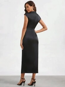 SHEIN Clasi Women's Solid Color Stand Collar Pleated Split Hem Dress - Black - View 2