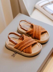 Kids' Flat Comfortable Sandals With Hook And Loop For Girls, Lightweight - Brown - View 1