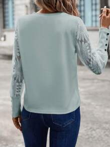 EMERY ROSE Women's Button Decoration Embroidered Lantern Sleeve Top