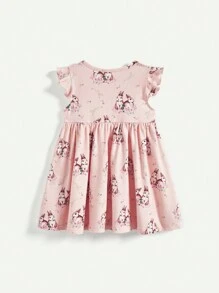 Cozy Pixies Vestido de manga sin mangas con patrón de conejo y ribete con volantes en el cuello redondo y la cintura para bebé niña, conjunto de 2 piezas