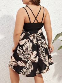 SHEIN Frenchy Plus Size Women's Tropical Plant Print Cami Dress - Black - View 2