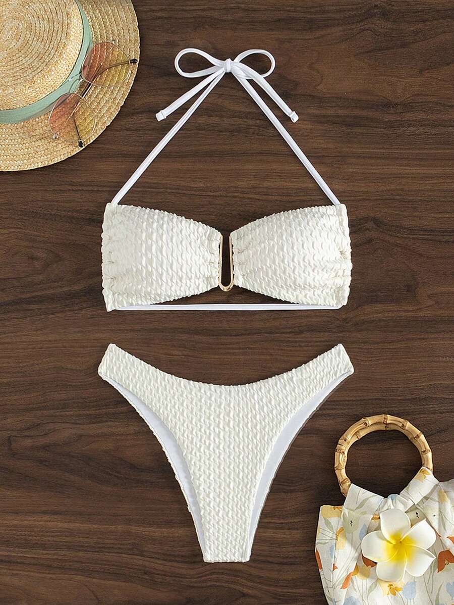 SHEIN Swim Conjunto de bikini de dos piezas con cuello de halter texturizado para mujer, playa de verano - Blanco - Ver 1