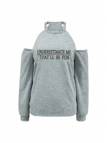 女士宽松休闲圆领字母印花性感露肩个性化慵懒风卫衣，适合日常、居家、办公、约会、上学、毕业季等场合，时尚百搭，春夏秋季皆宜。 - 灰色 - 查看 4